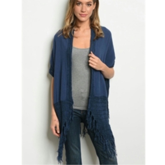 ODDY Boho Navy Fringe Linen Blend Kimono. One Size. NWT - Picture 2 of 10